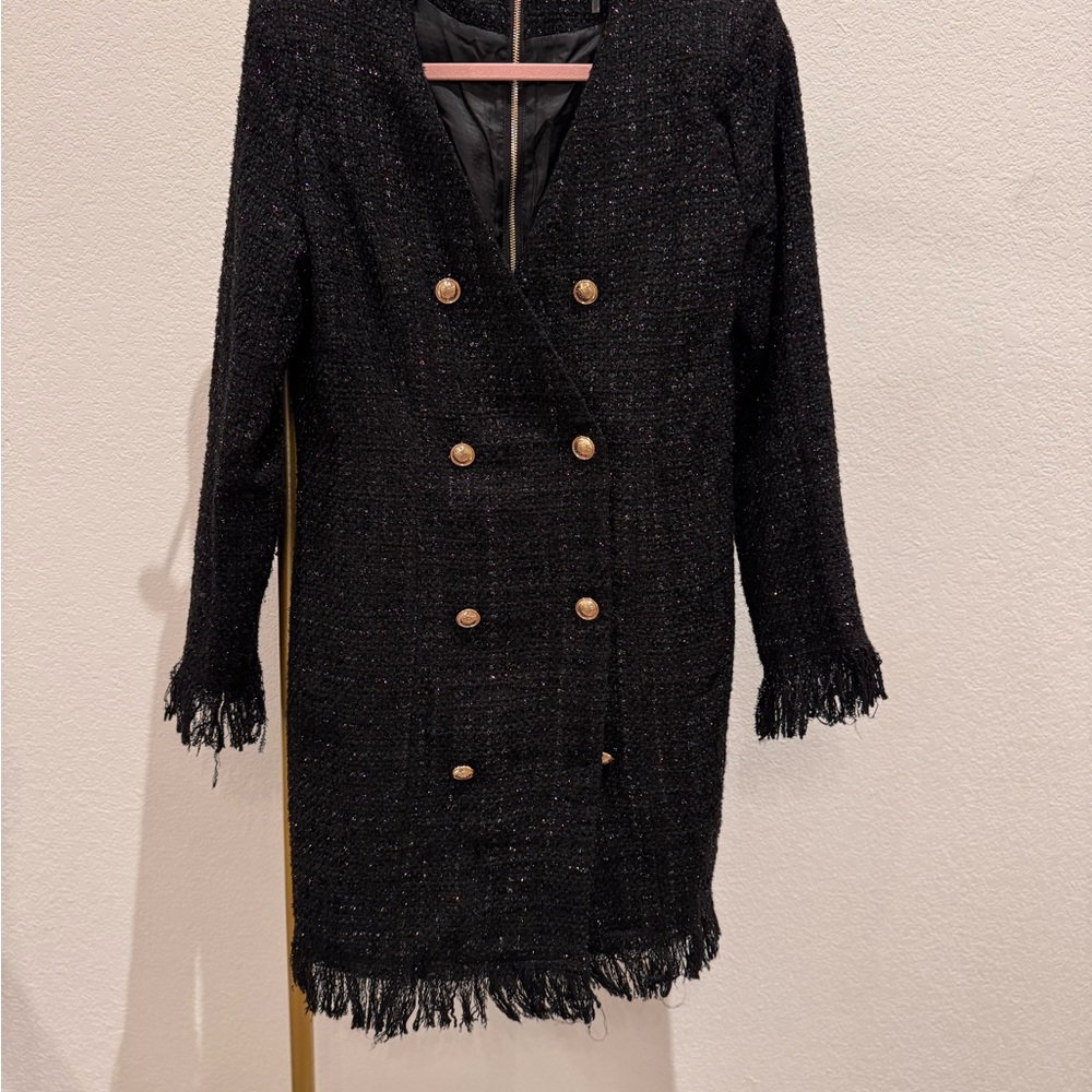 Black Double-Breasted Fringe Dress